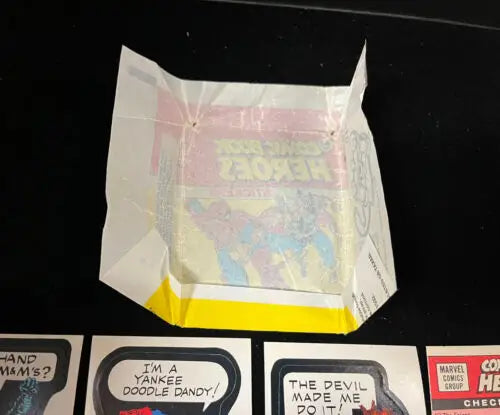 Opened Topps Marvel Comic Book Stickers Pack Wrapper featuring Captain America design