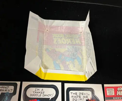 Opened Topps Marvel Comic Book Stickers Pack Wrapper featuring Captain America design