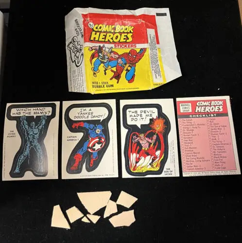 Comic Book Stickers and Checklist with Broken Gum from 1974 Topps Marvel Comic Pack