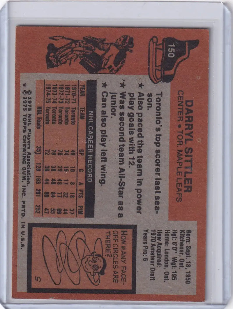1975-76 Topps Hockey #150 Darryl Sittler - Toronto Maple Leafs