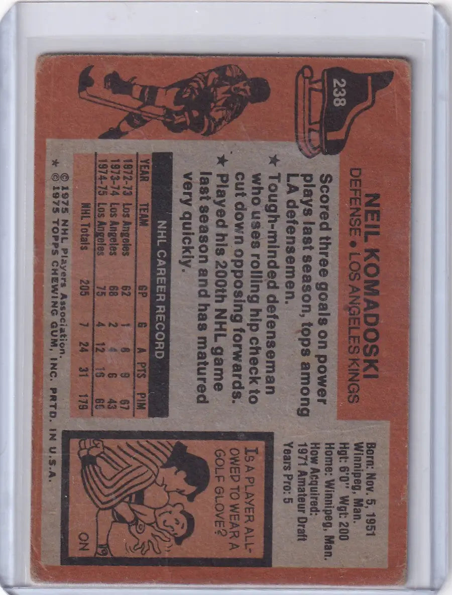 1975-76 Topps Hockey #238 Neil Komadoski - Los Angeles Kings