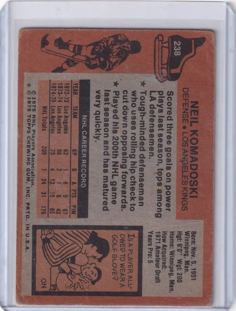1975-76 Topps Hockey #238 Neil Komadoski - Los Angeles Kings