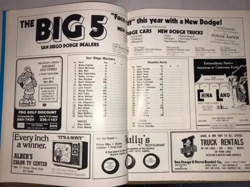 Vintage advertisement showcasing WHA Houston Aeros San Diego Mariners Playoffs Program