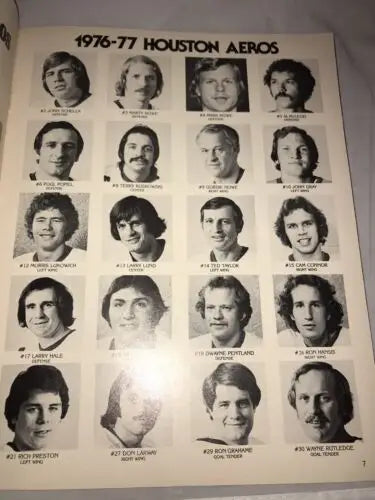 1976-77 Houston Aeros team roster from WHA Houston Aeros San Diego Mariners playoffs program