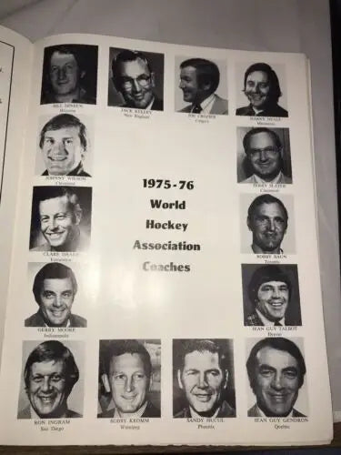 1975-76 WHA Houston Aeros coaches yearbook page in playoffs program for Aeros San Diego