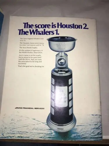 Vintage hockey trophy advertisement for WHA Houston Aeros San Diego Mariners playoffs program