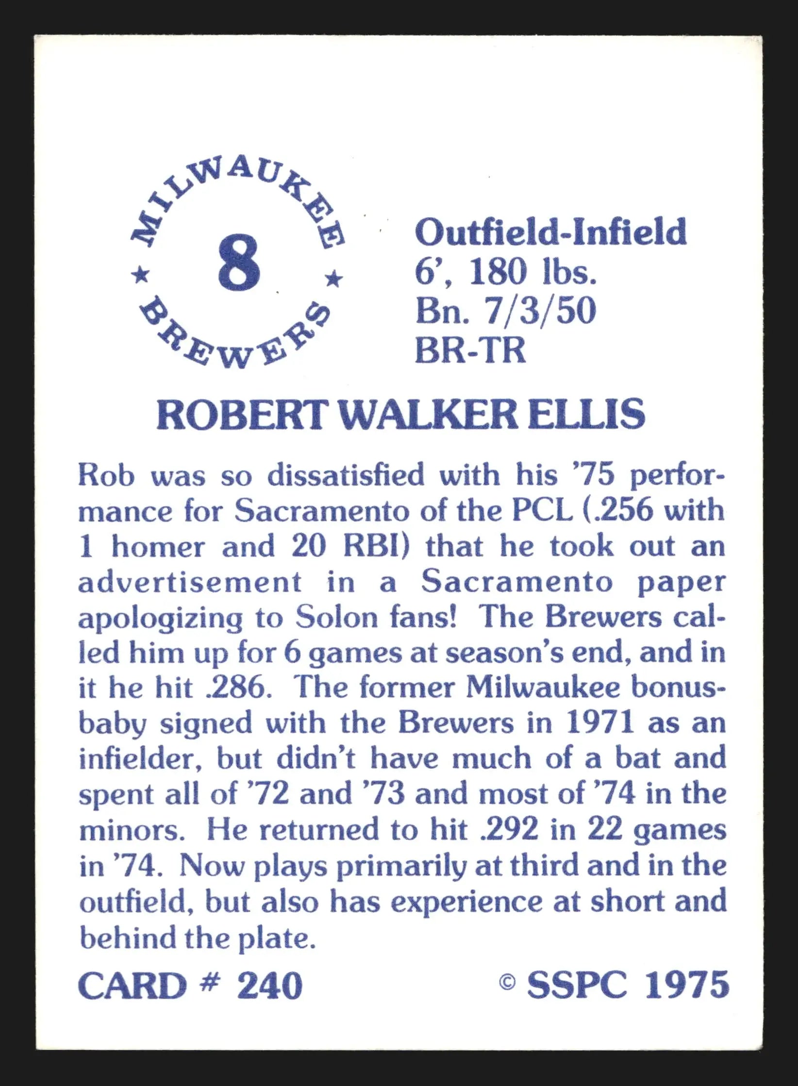 1975 SSPC #240 Rob Ellis Milwaukee Brewers - Baseball Card Single