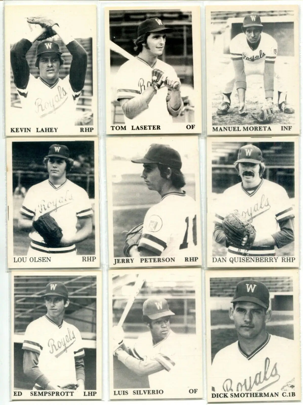 Vintage baseball cards featuring Dan Quisenberry and Willie Wilson from the 1975 TCMA set