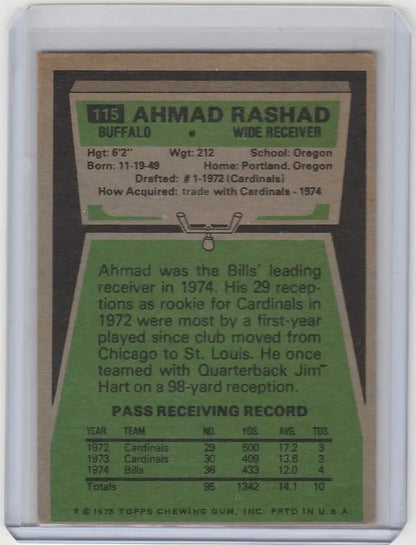 Football trading card of Ahmad Rashad from the Buffalo Bills 1975 Topps #115