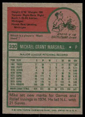 Vintage 1975 Topps #330 Mike Marshall baseball card perfect for trading cards collectors