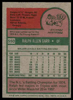 Vintage 1975 Topps #550 Ralph Garr baseball card featuring Atlanta Braves player
