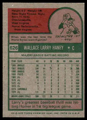 Vintage 1975 Topps #626 Larry Haney baseball card for collectors and fans