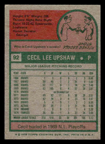 Vintage Cecil Upshaw baseball card from 1975 Topps #92 featuring Cecil Upshaw