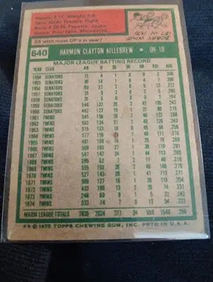 1975 Topps - Harmon Killebrew #640. Twins. High number. VG+. Edge wear. - Baseball Card Single