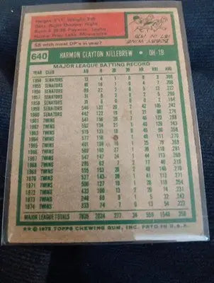 1975 Topps - Harmon Killebrew #640. Twins. High number. VG+. Edge wear. - Baseball Card Single