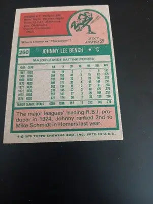 1975 Topps - Johnny Bench #260. Cincinnati Reds. VG+
