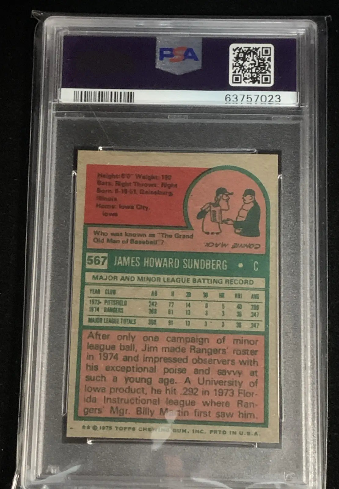 1975 Topps Mini #567 Jim Sundberg PSA 7 Texas Rangers RC Rookie