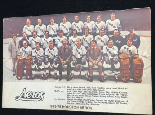 Vintage Houston Aeros hockey team photo from Aeros Media Guide 1976-77 Yearbook