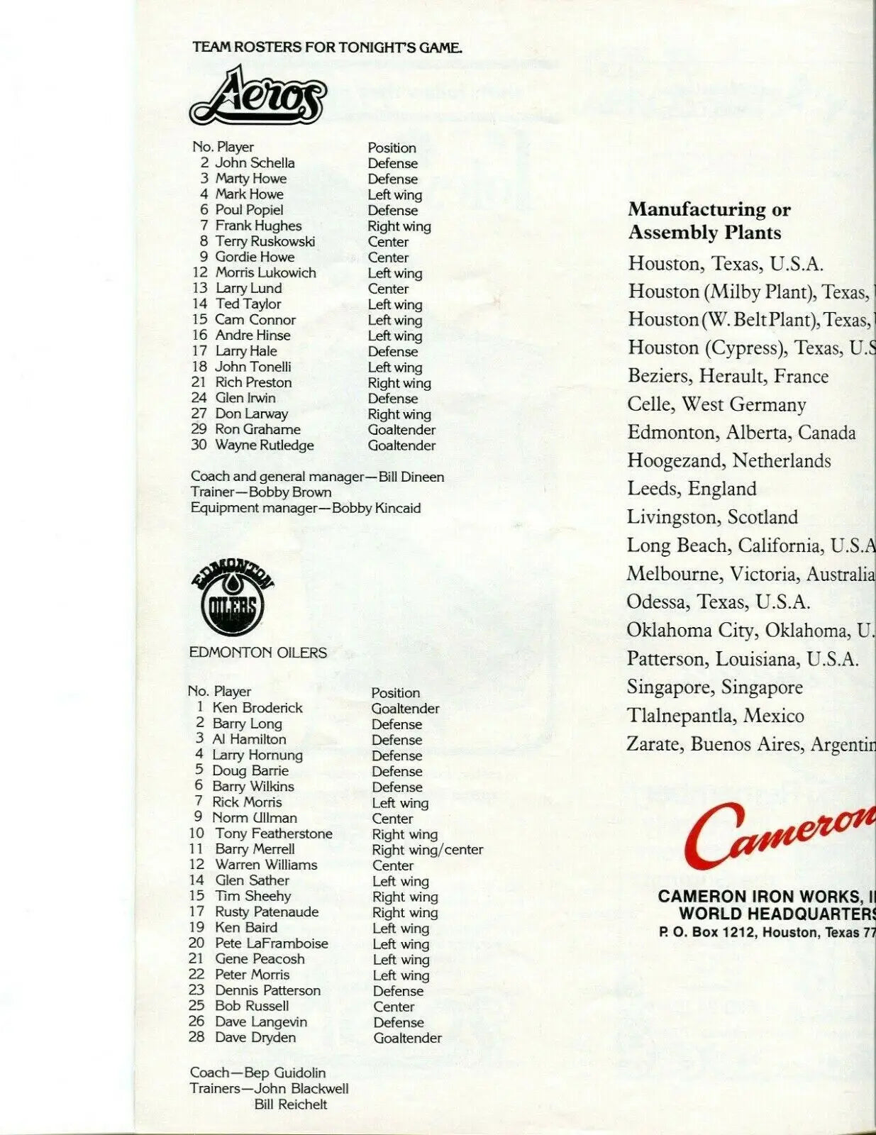 Hockey team rosters and manufacturing plants list from 1976-77 Houston Aeros program with Gordie Howe