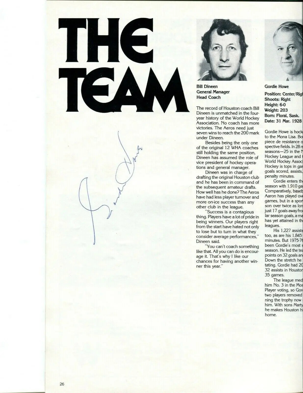 Vintage Houston Aeros hockey team page featuring autographs of Gordie Howe and Don Larway