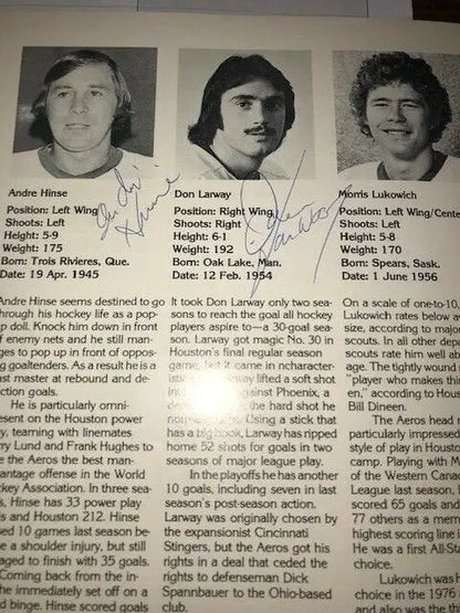 Vintage hockey player profiles featuring Gordie Howe and Don Larway from Houston Aeros