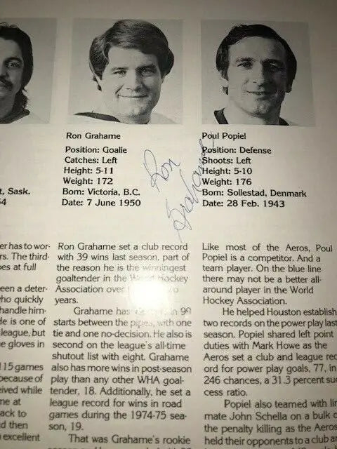 Autographed profiles of Gordie Howe and Don Larway in 1976-77 Houston Aeros program