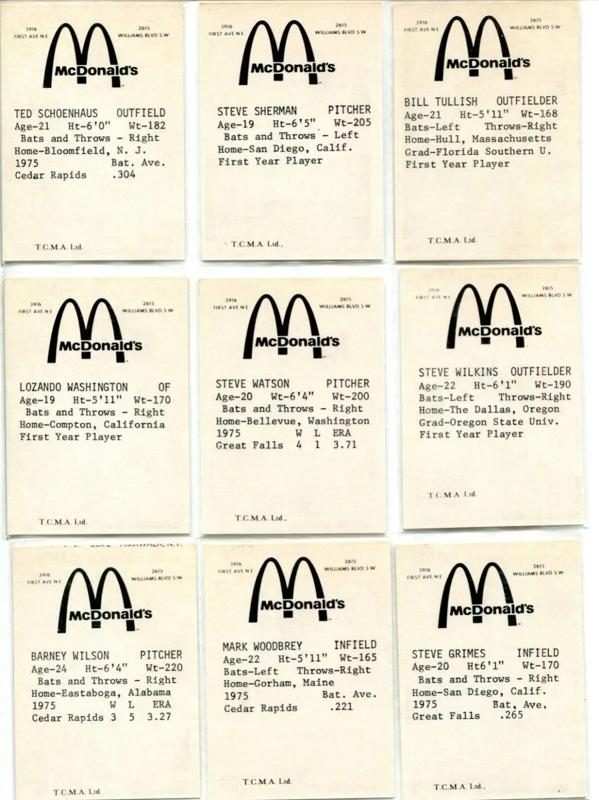 Vintage McDonald’s baseball cards featuring Steve Grimes and Mark Woodbrey in TCMA Cedar Rapids set