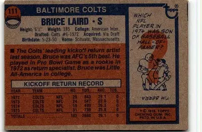 Vintage football card of Bruce Laird from 1976 Topps #111, Laird vintage football collectible