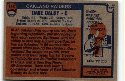 Vintage Dave Dalby football card from 1976 Topps #112 featuring Oakland Raiders player