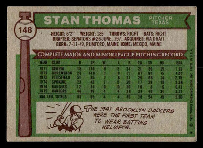 Vintage 1976 Topps Stan Thomas Texas Rangers baseball card for collectors
