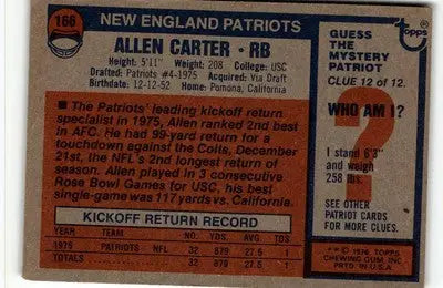 Vintage 1976 Topps Allen Carter football card featuring Allen Carter football memorabilia