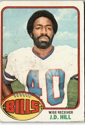 Vintage J.D. Hill football card from 1976 Topps #17 featuring Buffalo Bills player