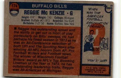 Reggie McKenzie football card from 1976 Topps #174 featuring Reggie McKenzie in football gear