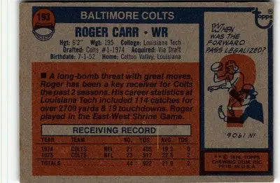 Vintage Roger Carr football card from 1976 Topps #193 showcasing Carr vintage football memorabilia