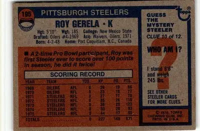 Vintage football card of Roy Gerela from the Pittsburgh Steelers 1976 Topps #195