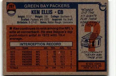 Vintage Ken Ellis football card from 1976 Topps #207 featuring Green Bay Packers player