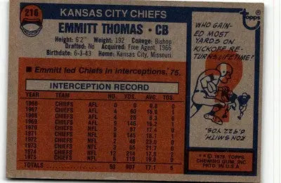 Vintage Emmitt Thomas football card from 1976 Topps #216 featuring Kansas City Chiefs player