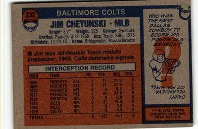 Vintage football card of Jim Cheyunski from 1976 Topps #232 Baltimore Colts