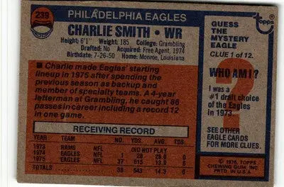 Vintage Charlie Smith football card from 1976 Topps #239 featuring Charlie Smith