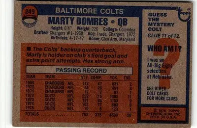 Vintage Marty Domres football card from 1976 Topps #249 featuring Baltimore Colts player