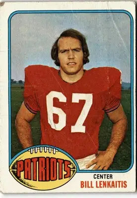 Vintage football card of England Patriots player Bill Lenkaitis from 1976 Topps #253