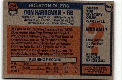 Don Hardeman football card from 1976 Topps featuring Houston Oilers player