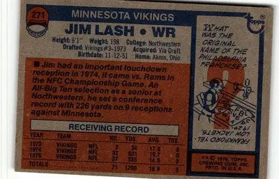 Jim Lash football card from 1976 Topps #271 featuring Minnesota Vikings player