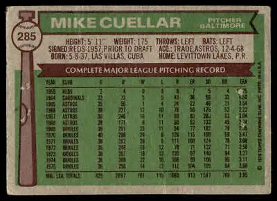 Vintage baseball card back of 1976 Topps #285 Mike Cuellar trading cards collection