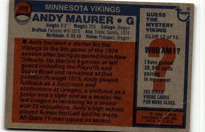 Andy Maurer football card from 1976 Topps #309 Minnesota Vikings collectible