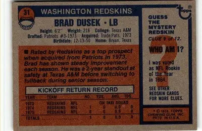 1976 Topps Brad Dusek football card showcasing Brad Dusek in a collectible football card