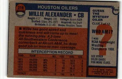 Vintage Willie Alexander football card from 1976 Topps #316 featuring Willie Alexander football memorabilia