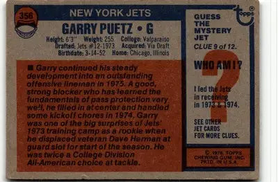 Vintage Garry Puetz football card from 1976 Topps featuring Garry Puetz and the York Jets