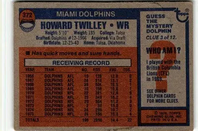 Vintage Howard Twilley football card from 1976 Topps #372 featuring Miami Dolphins player