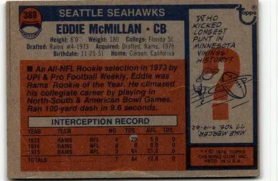 Vintage Eddie McMillan football card from 1976 Topps #388 featuring Eddie McMillan football skills